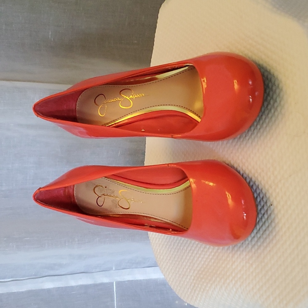 Patent leather dark corral and cork heels